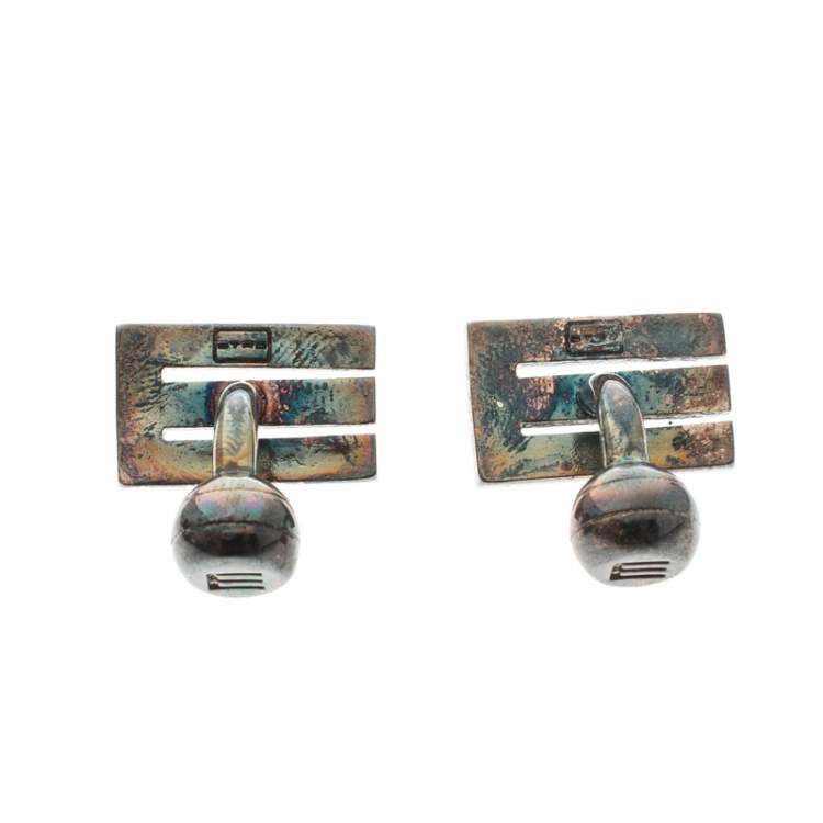Pre Owned Etro E Blue Enamel Silver Tone Cufflinks