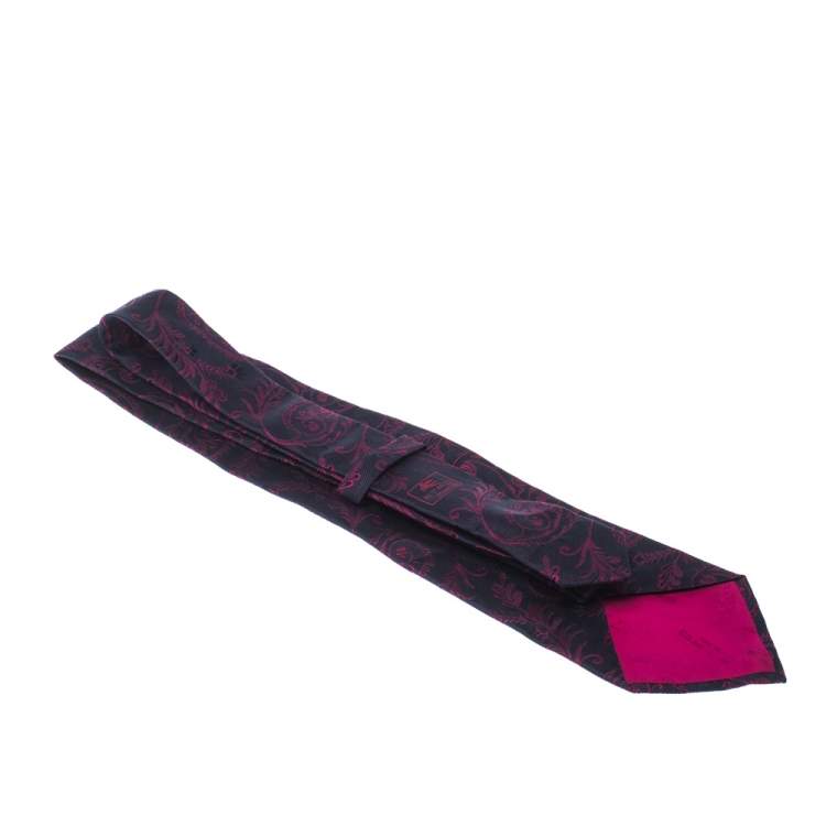 Pre Owned Etro Navy Blue & Fuchsia Floral Jacquard Silk Traditional Tie 