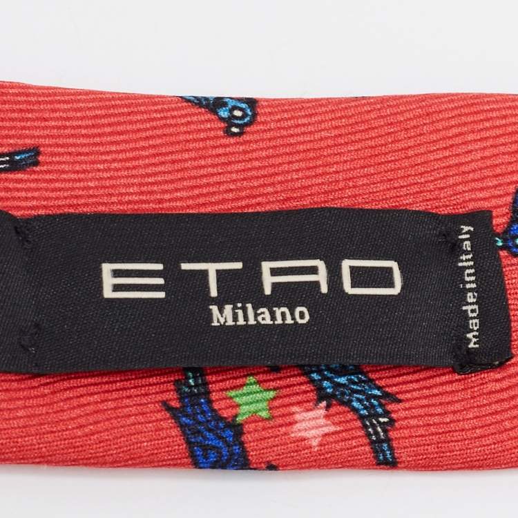 Pre Owned Etro Red Paisley & Bird Print Silk Tie  