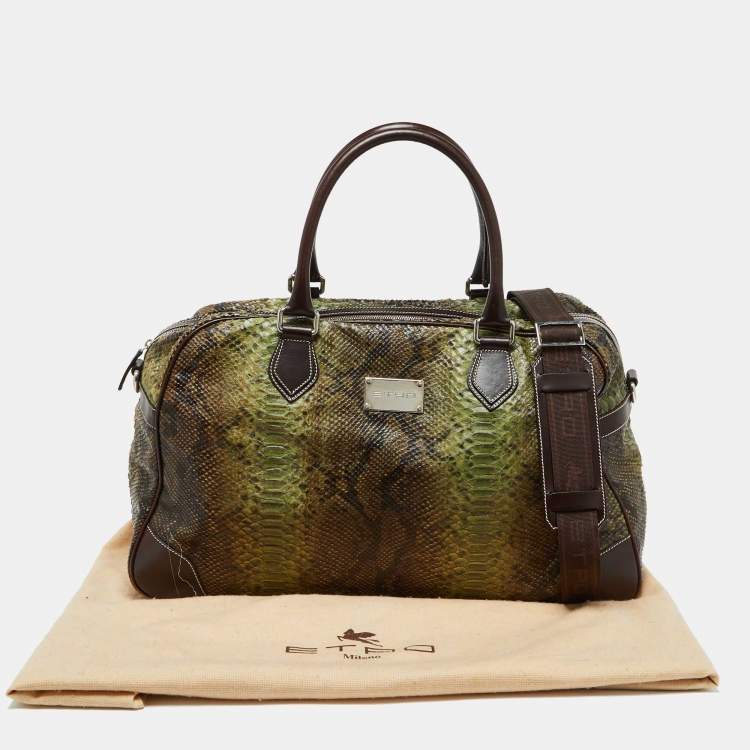 Pre Owned Etro Green/Brown Python Effect Leather Duffel Bag