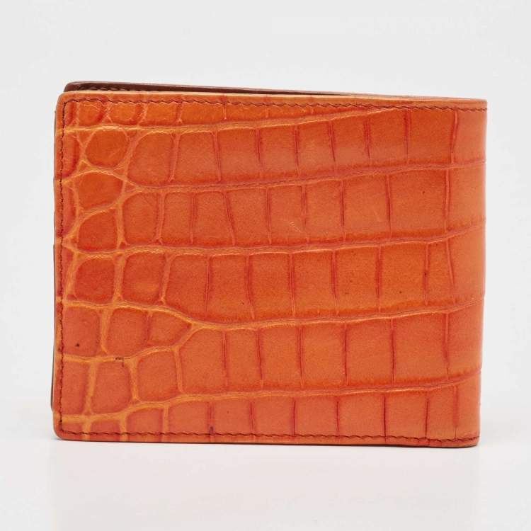 Pre Owned Etro Orange Croc Embossed Leather Bifold Wallet
