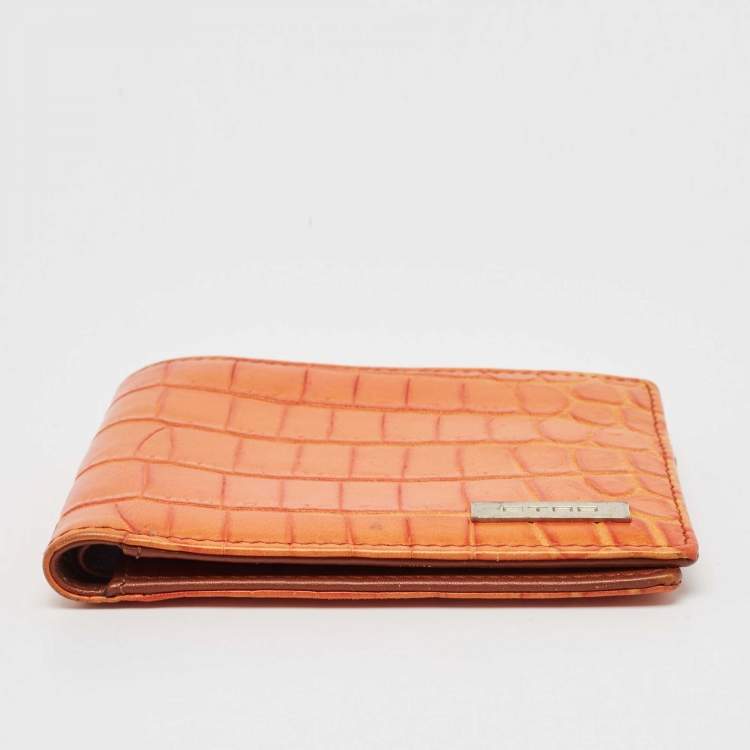 Pre Owned Etro Orange Croc Embossed Leather Bifold Wallet