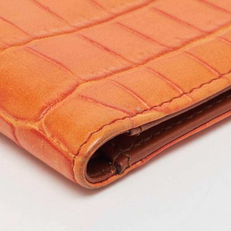 Pre Owned Etro Orange Croc Embossed Leather Bifold Wallet