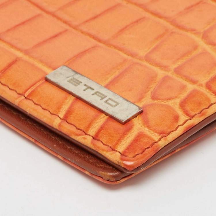Pre Owned Etro Orange Croc Embossed Leather Bifold Wallet