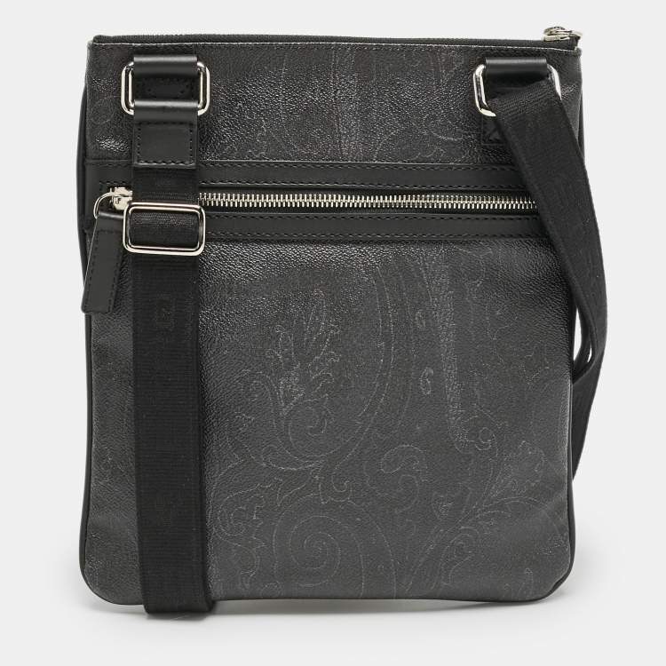 Pre Owned Etro Black Paisley Coated Canvas Flat Messenger Bag