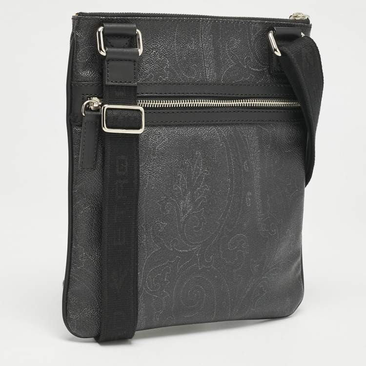 Pre Owned Etro Black Paisley Coated Canvas Flat Messenger Bag
