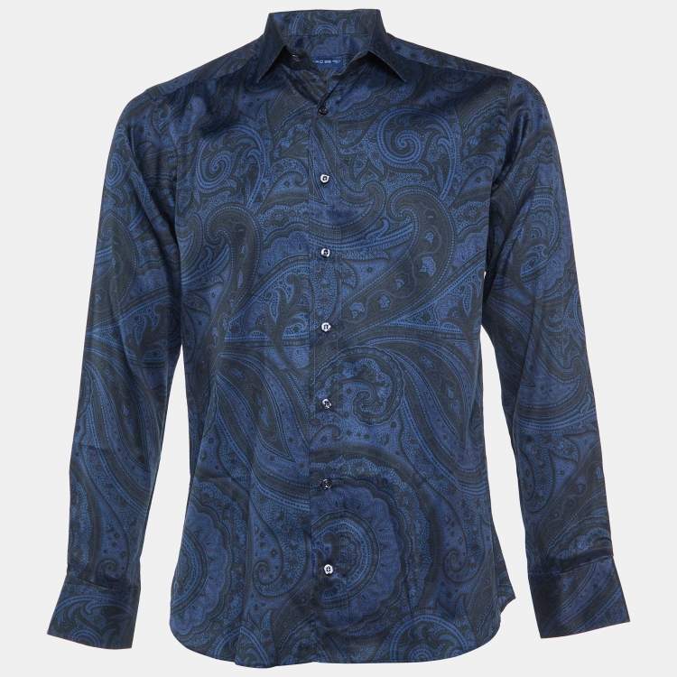 Pre Owned Etro Blue/Black Paisley Print Cotton Long Sleeve Shirt M