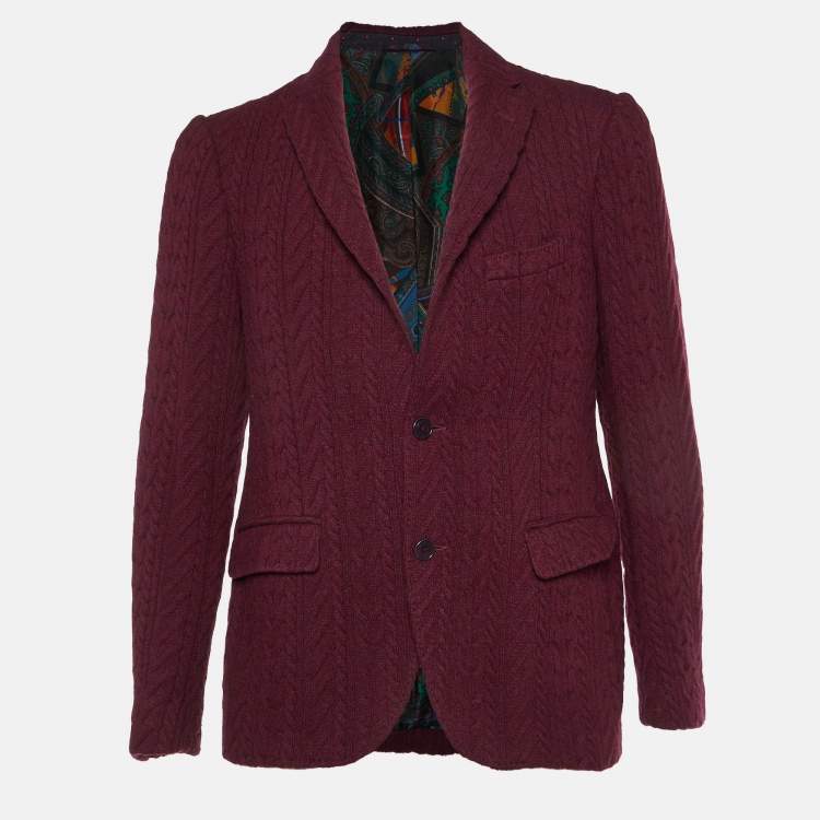 Pre Owned Etro Burgundy Cable Knit Button Front Jacket L