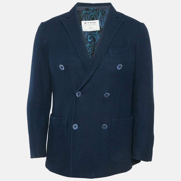 Pre Owned Etro Navy Blue Patterned Cotton Double Breasted Jacket L