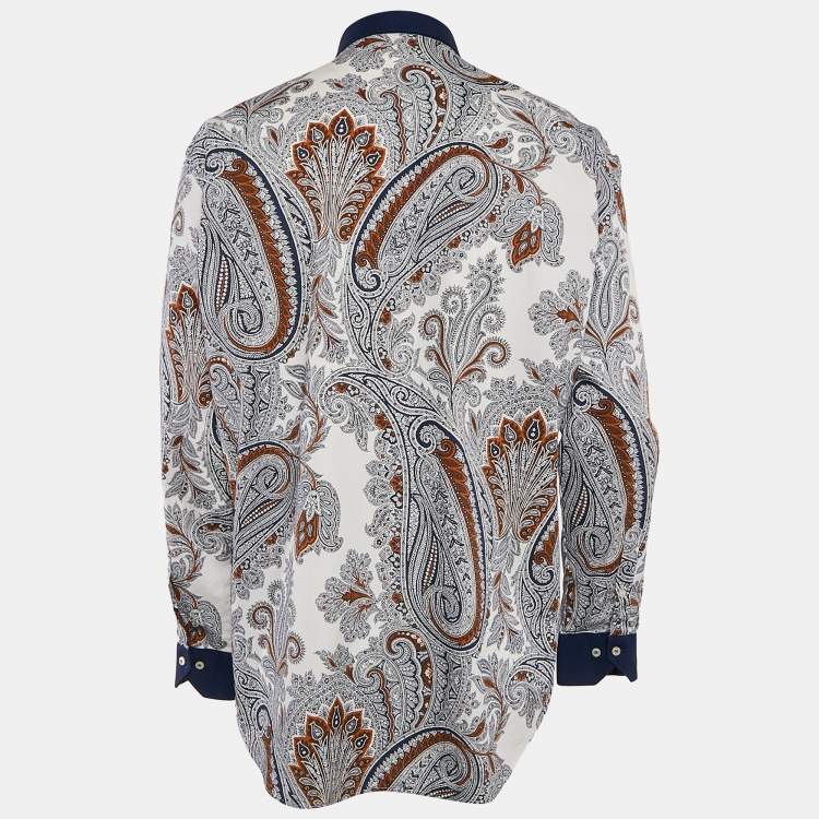 Pre Owned Etro White/Blue Paisley Print Cotton Shirt XXL