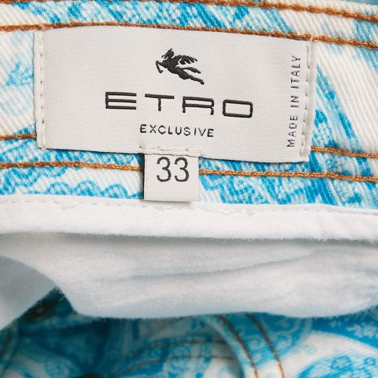 Pre Owned Etro Blue Paisley Print Demin Bermuda Shorts S Waist 33"