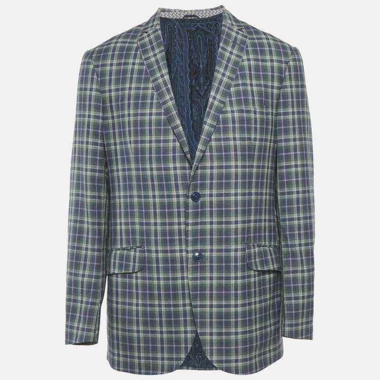 Pre Owned Etro Blue/Green Plaid Wool Superleggera Blazer XXL
