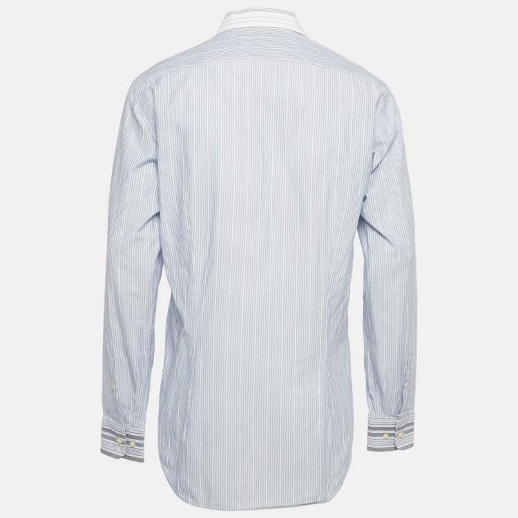 Pre Owned Etro Blue Stripe Print Cotton Slim Fit Shirt L