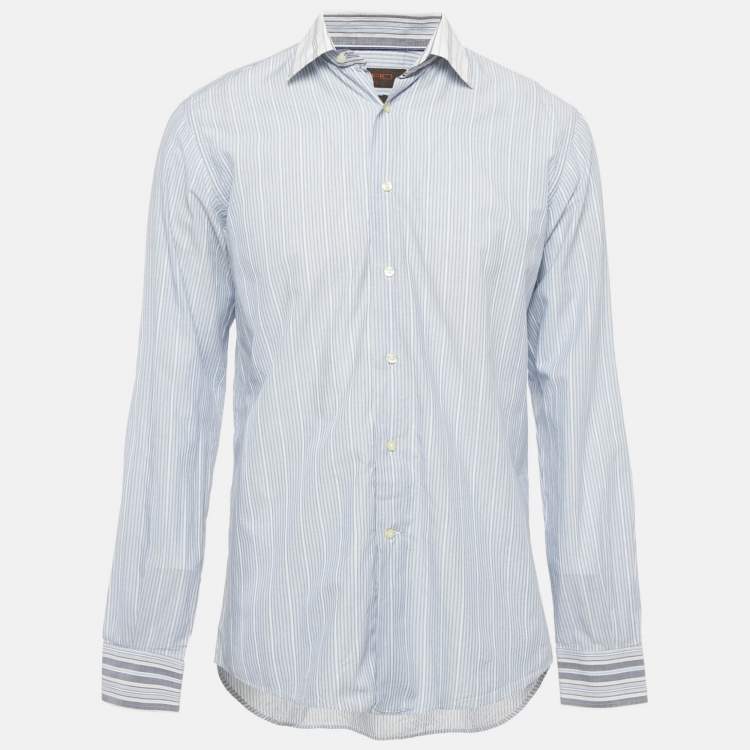 Pre Owned Etro Blue Stripe Print Cotton Slim Fit Shirt L