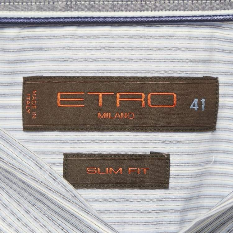 Pre Owned Etro Blue Stripe Print Cotton Slim Fit Shirt L