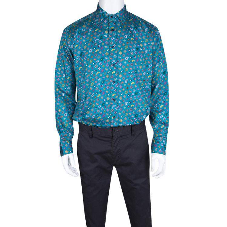 Pre Owned Etro Blue Paisley Printed Cotton Long Sleeve Button Front Shirt L