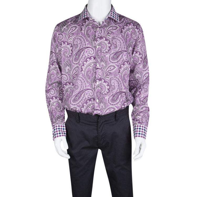 Pre Owned Etro Purple Paisley Printed Cotton Checked Collar and Cuff Detail Long Sleeve Shirt M