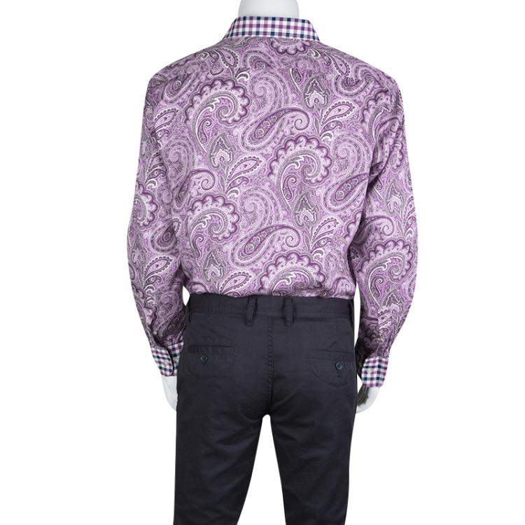 Pre Owned Etro Purple Paisley Printed Cotton Checked Collar and Cuff Detail Long Sleeve Shirt M