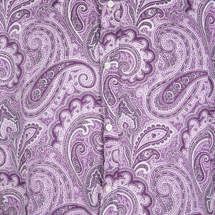 Pre Owned Etro Purple Paisley Printed Cotton Checked Collar and Cuff Detail Long Sleeve Shirt M