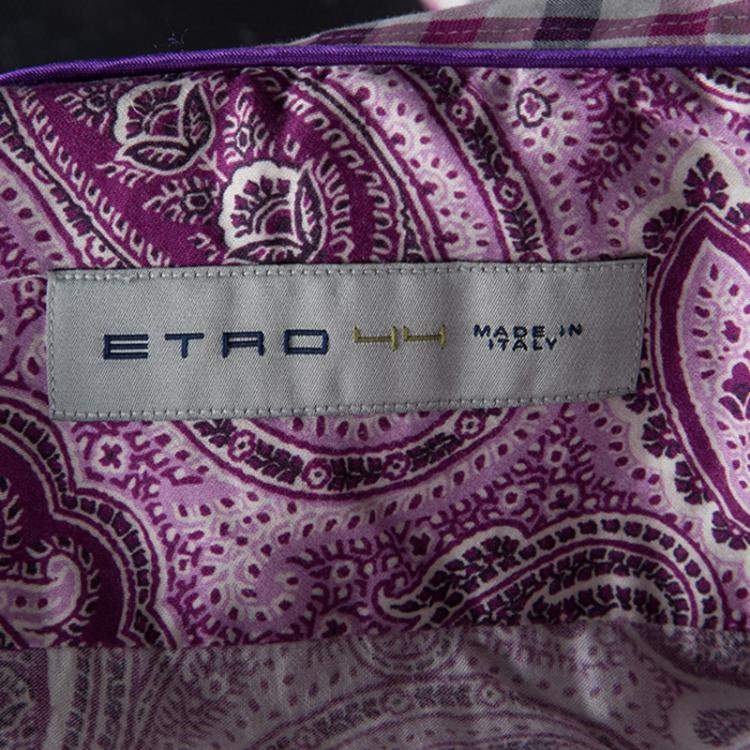 Pre Owned Etro Purple Paisley Printed Cotton Checked Collar and Cuff Detail Long Sleeve Shirt M