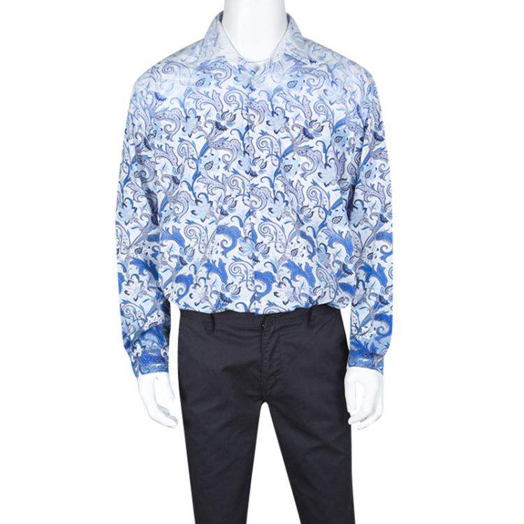 Pre Owned Etro White and Blue Paisley Printed Cotton Long Sleeve Button Front Shirt XL