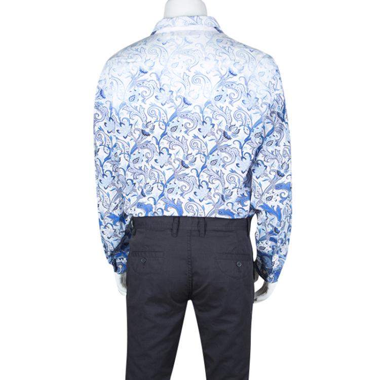 Pre Owned Etro White and Blue Paisley Printed Cotton Long Sleeve Button Front Shirt XL