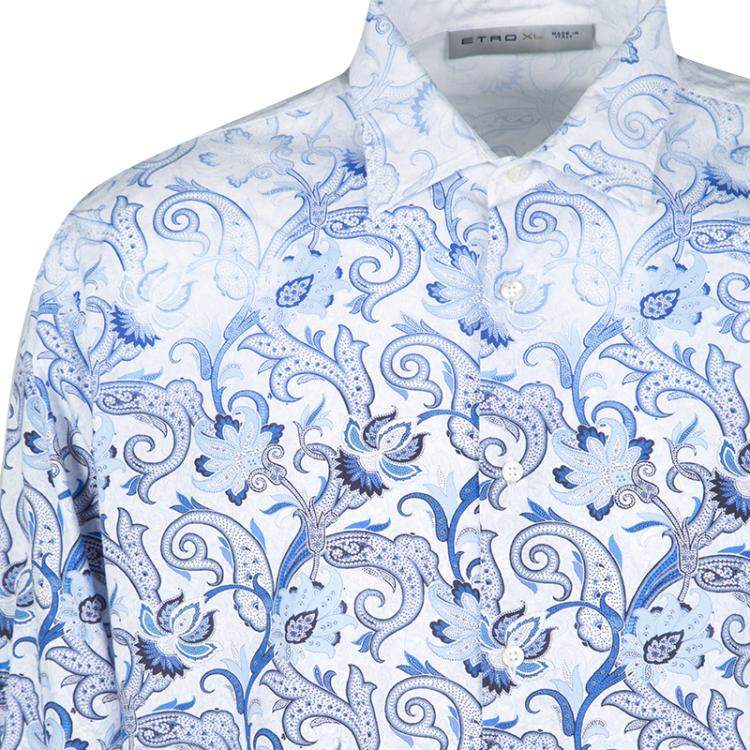 Pre Owned Etro White and Blue Paisley Printed Cotton Long Sleeve Button Front Shirt XL