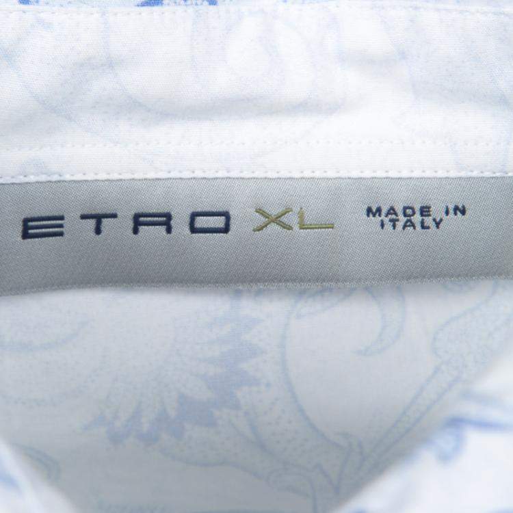 Pre Owned Etro White and Blue Paisley Printed Cotton Long Sleeve Button Front Shirt XL
