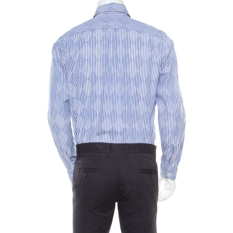 Pre Owned Etro Blue and White Striped Argyle Pattern Cotton Jacquard Long Sleeve Shirt M