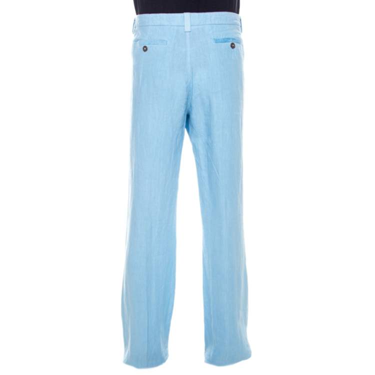 Pre Owned Etro Light Blue Linen Straight Fit Trousers 3XL 