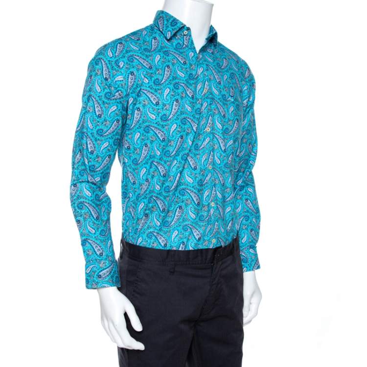 Pre Owned Etro Blue Cotton Paisley Printed Button Front Shirt L