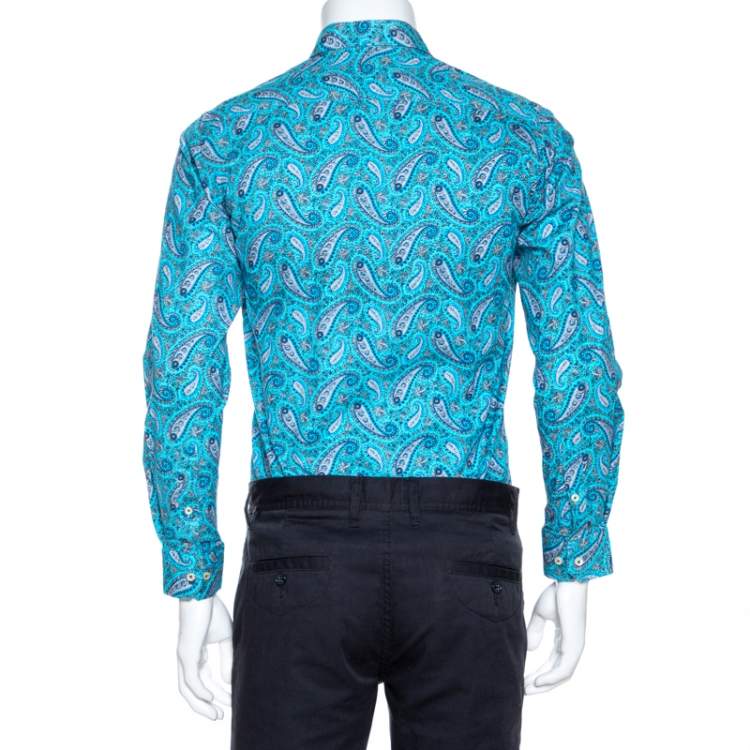 Pre Owned Etro Blue Cotton Paisley Printed Button Front Shirt L