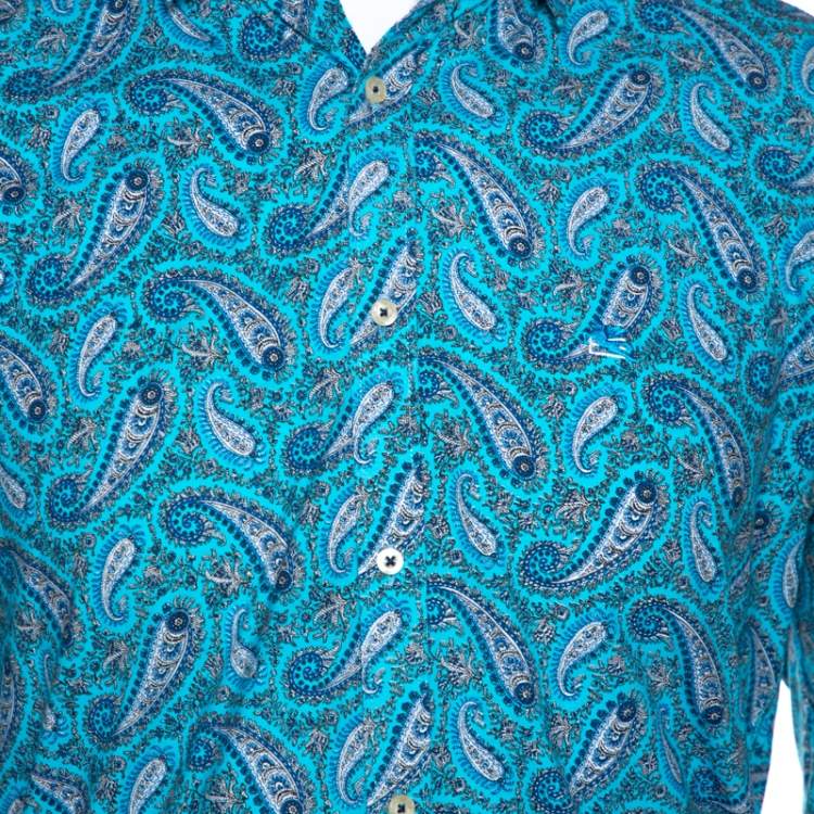 Pre Owned Etro Blue Cotton Paisley Printed Button Front Shirt L