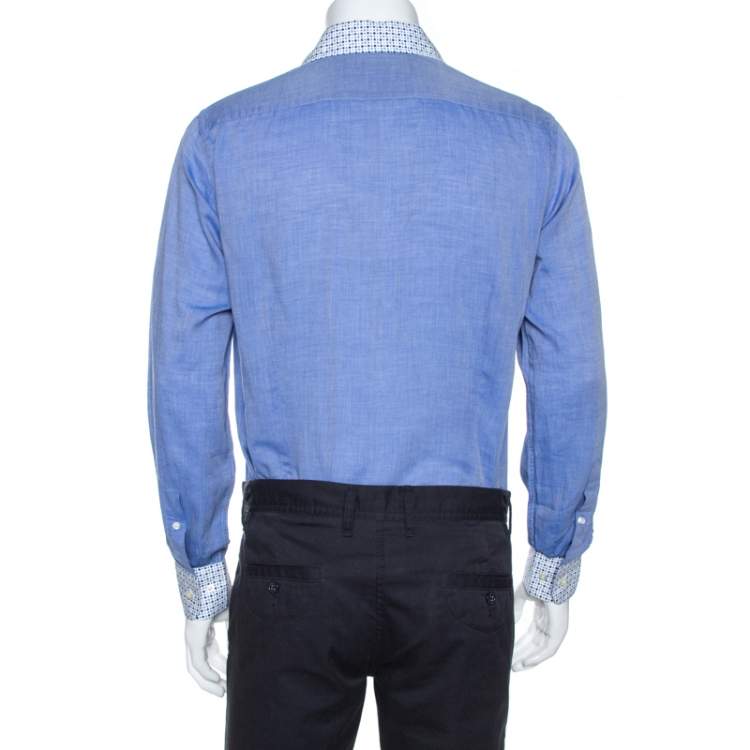 Pre Owned Etro Blue Chambray Cotton Printed Collar Long Sleeve Shirt M