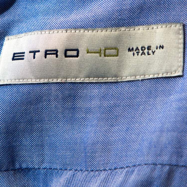 Pre Owned Etro Blue Chambray Cotton Printed Collar Long Sleeve Shirt M