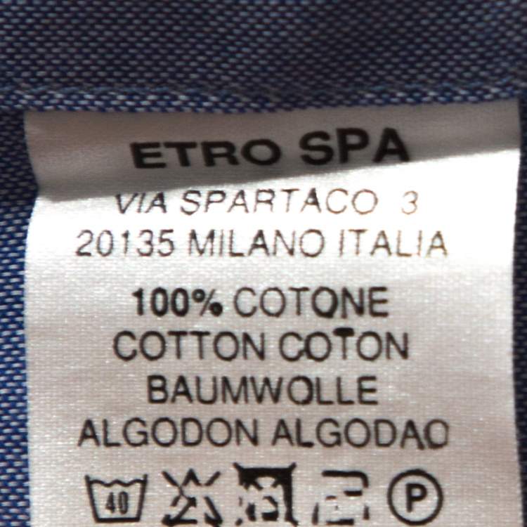 Pre Owned Etro Blue Chambray Cotton Printed Collar Long Sleeve Shirt M
