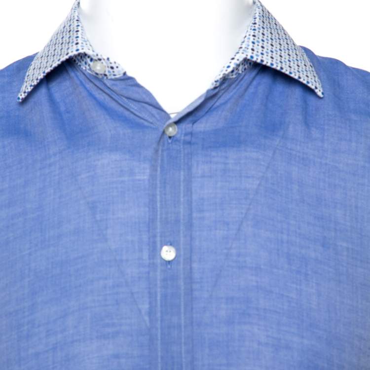 Pre Owned Etro Blue Chambray Cotton Printed Collar Long Sleeve Shirt M