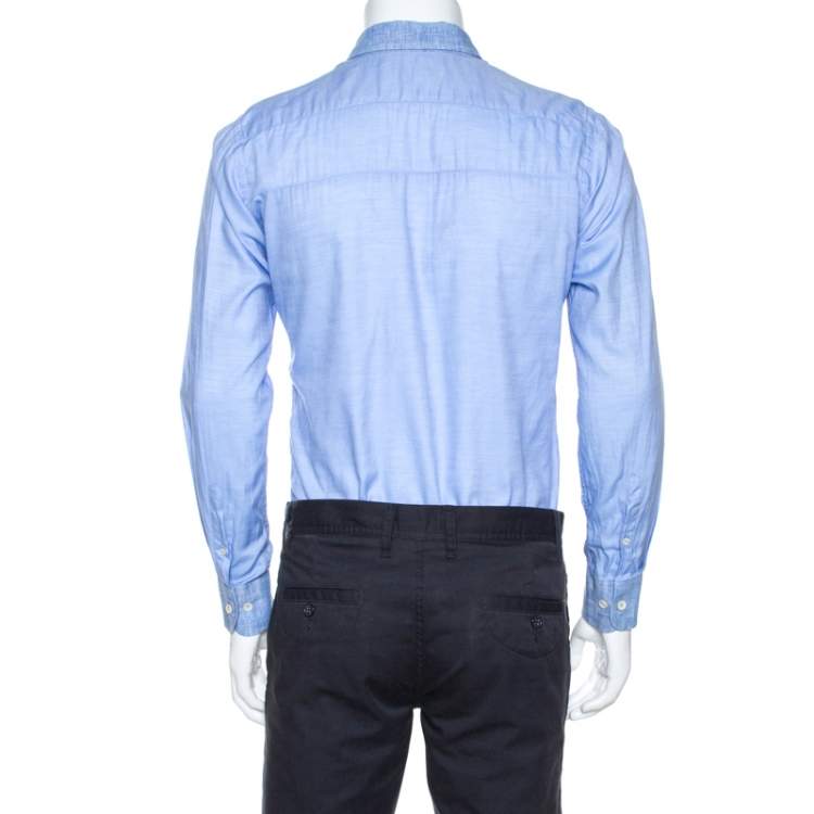 Pre Owned Etro Blue Cotton Linen Trim Detail Button Down Shirt M