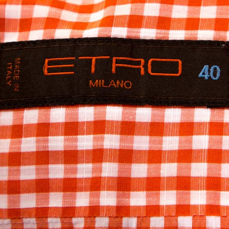 Pre Owned Etro Orange Gingham Check Cotton Long Sleeve Shirt M