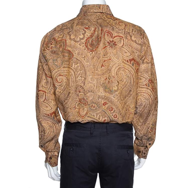 Pre Owned Etro Brown Linen Paisley Print Button Front Shirt XL 