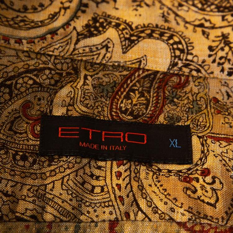 Pre Owned Etro Brown Linen Paisley Print Button Front Shirt XL 