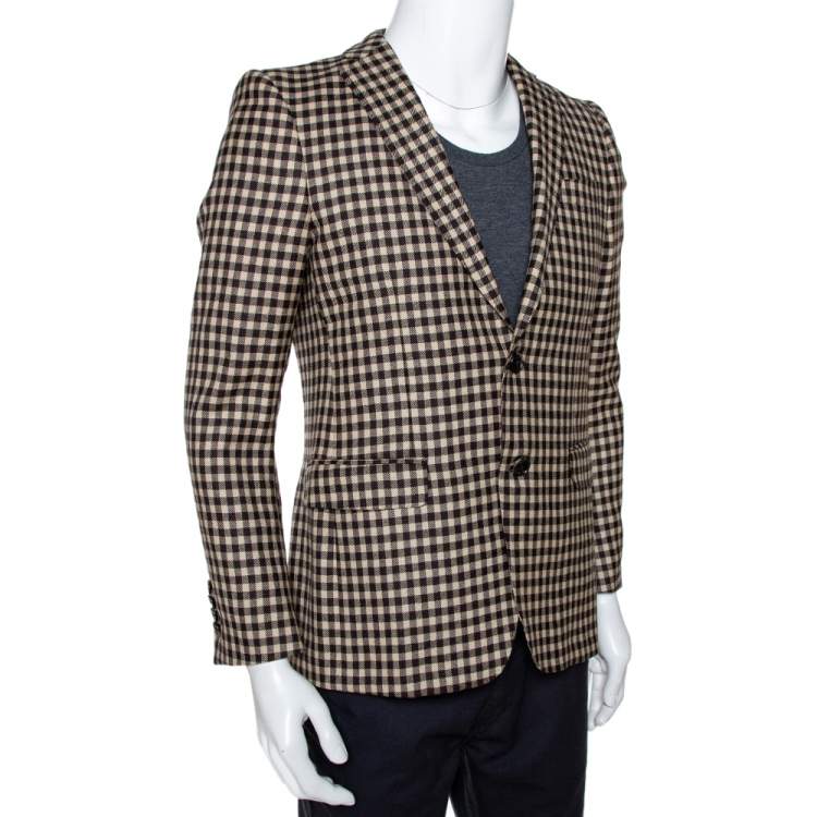 Pre Owned Etro Brown & Beige Gingham Check Wool Two Buttoned Jacket S