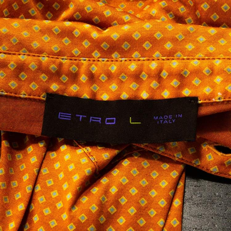 Pre Owned Etro Amber Orange Geometric Printed Cotton Polo T-Shirt L