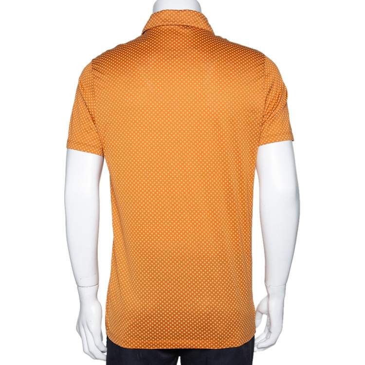 Pre Owned Etro Amber Orange Geometric Printed Cotton Polo T-Shirt L
