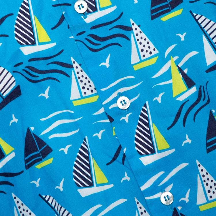 Pre Owned Etro Blue Cotton Sail Boat Print Button Front Shirt L 