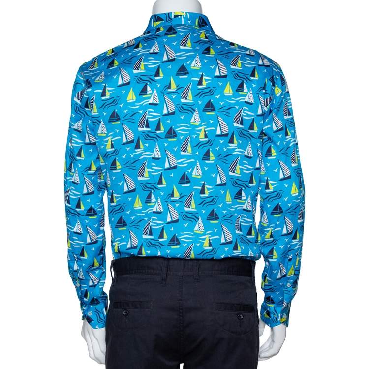 Pre Owned Etro Blue Cotton Sail Boat Print Button Front Shirt L 