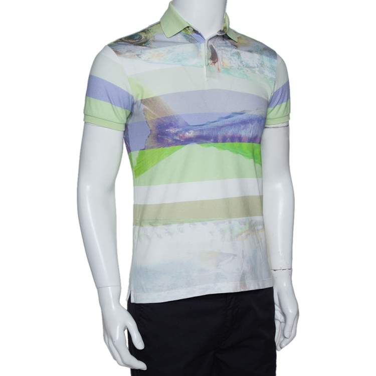 Pre Owned Etro Light Green Striped Fish Print Cotton Polo T-Shirt S