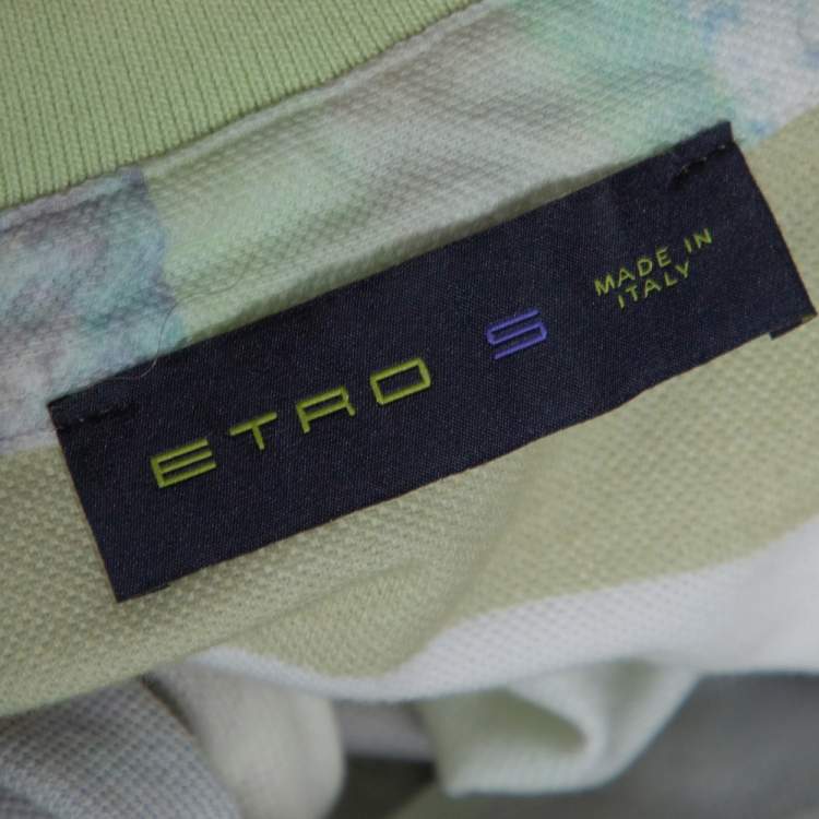 Pre Owned Etro Light Green Striped Fish Print Cotton Polo T-Shirt S