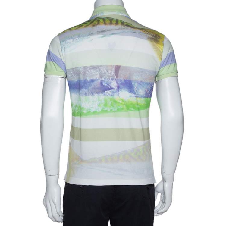Pre Owned Etro Light Green Striped Fish Print Cotton Polo T-Shirt S