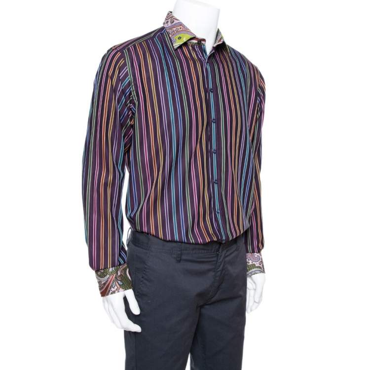 Pre Owned Etro Purple Striped Cotton Printed Collar Long Sleeve Shirt XL